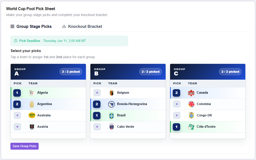 FIFA World Cup pool group stage pick sheet example