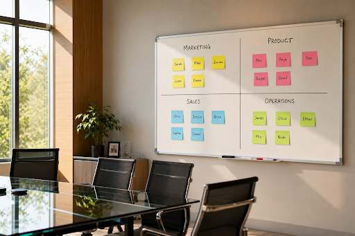A whiteboard with team assignments based on departments in office.