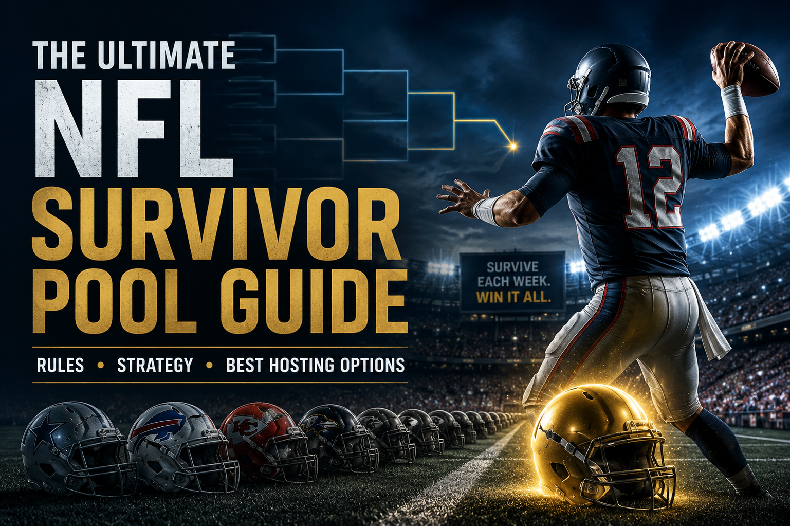 NFL quarterback in a stadium with survivor pool helmets and strategy guide text