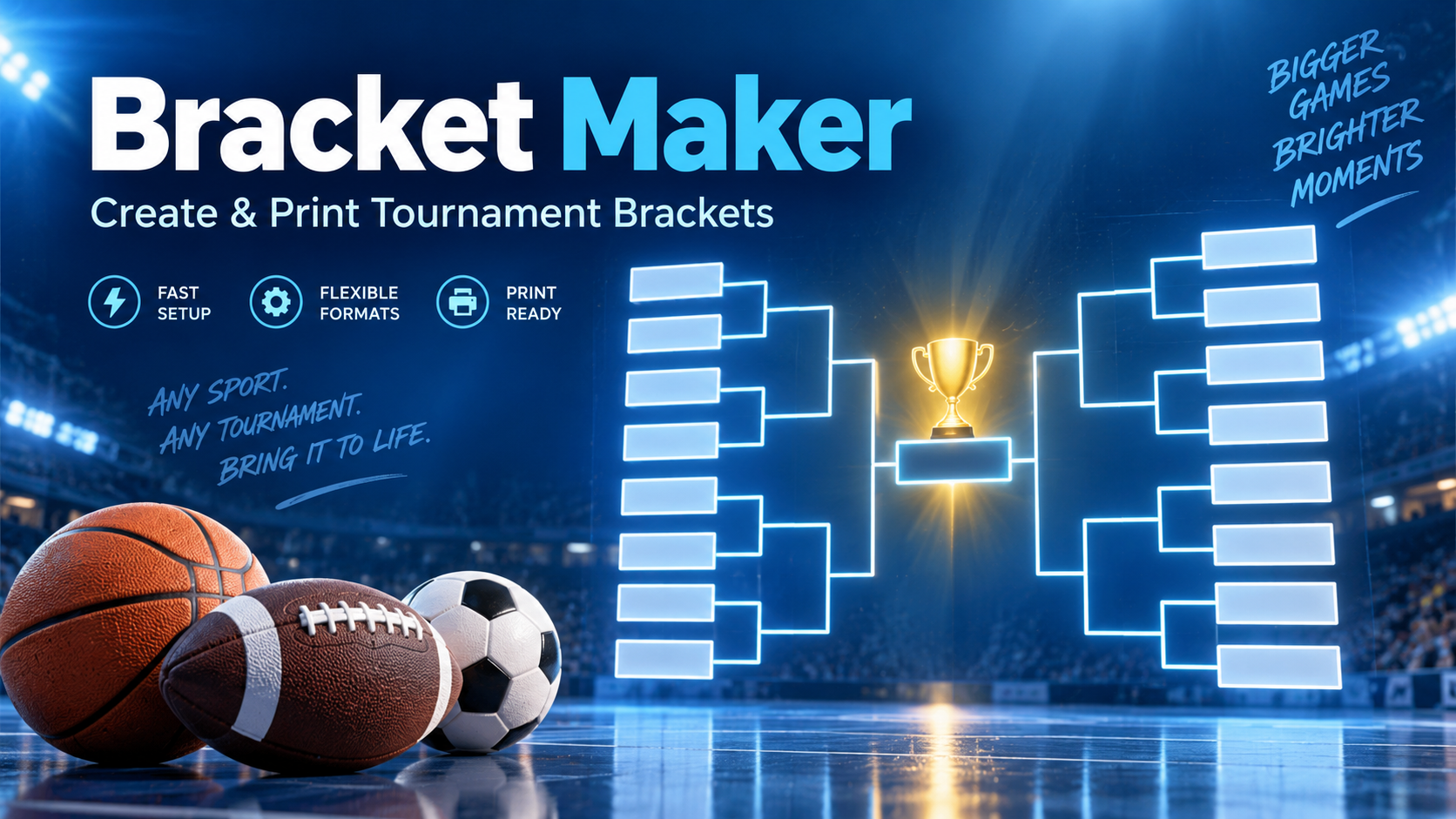 Bracket Maker with tournament bracket, trophy, basketball, football, and soccer ball