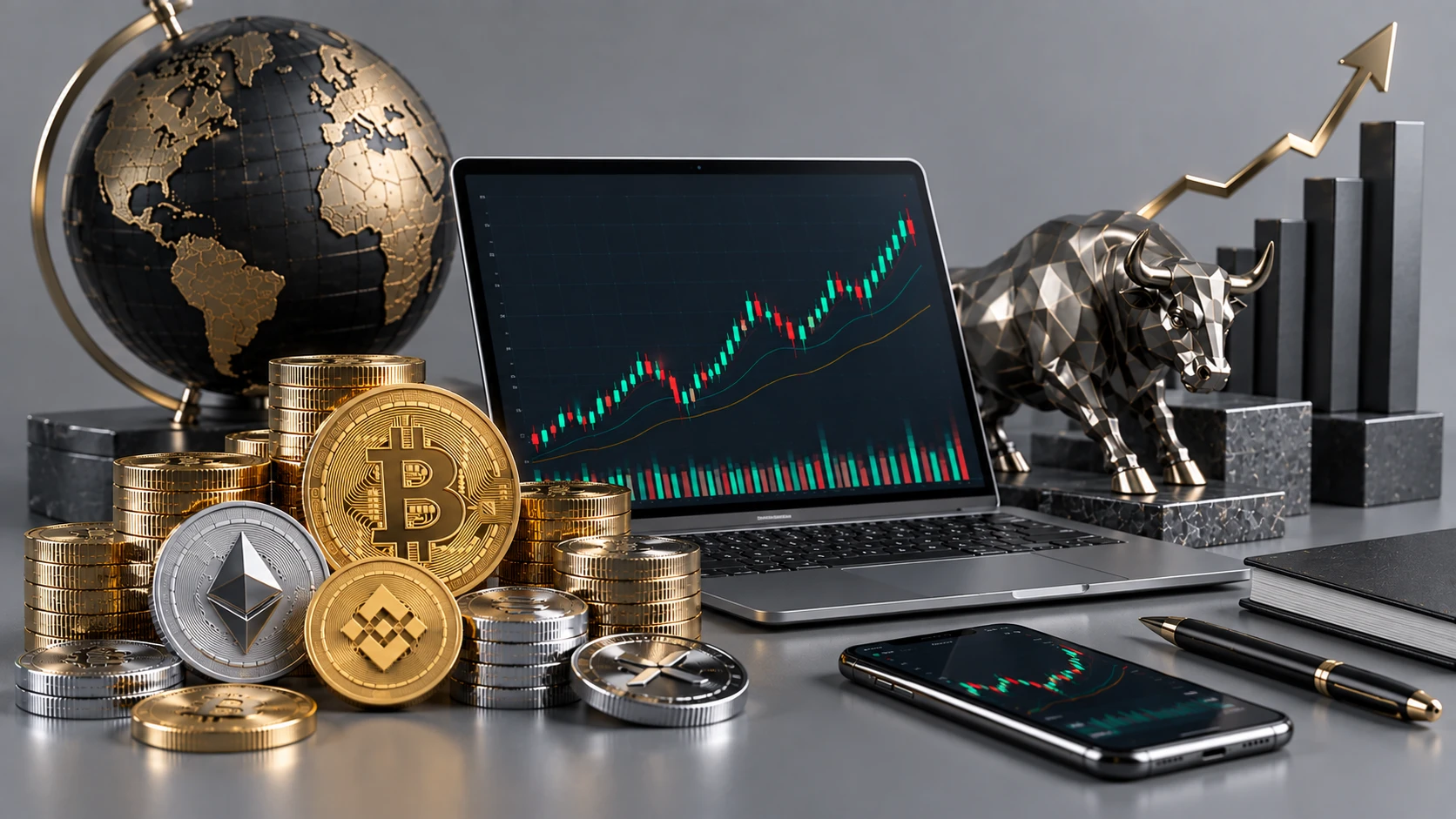 desk-with-office-itmes-and-globe-and-coins