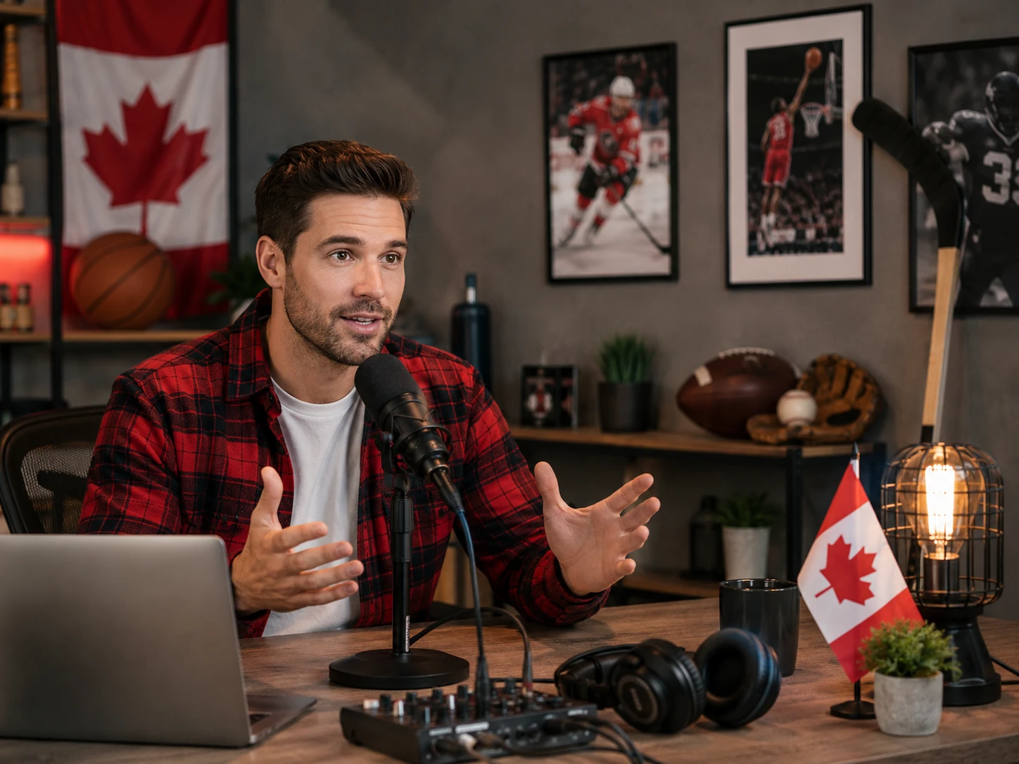 Canadian-podcast-man-speaking-in-studio-with-sports-banners