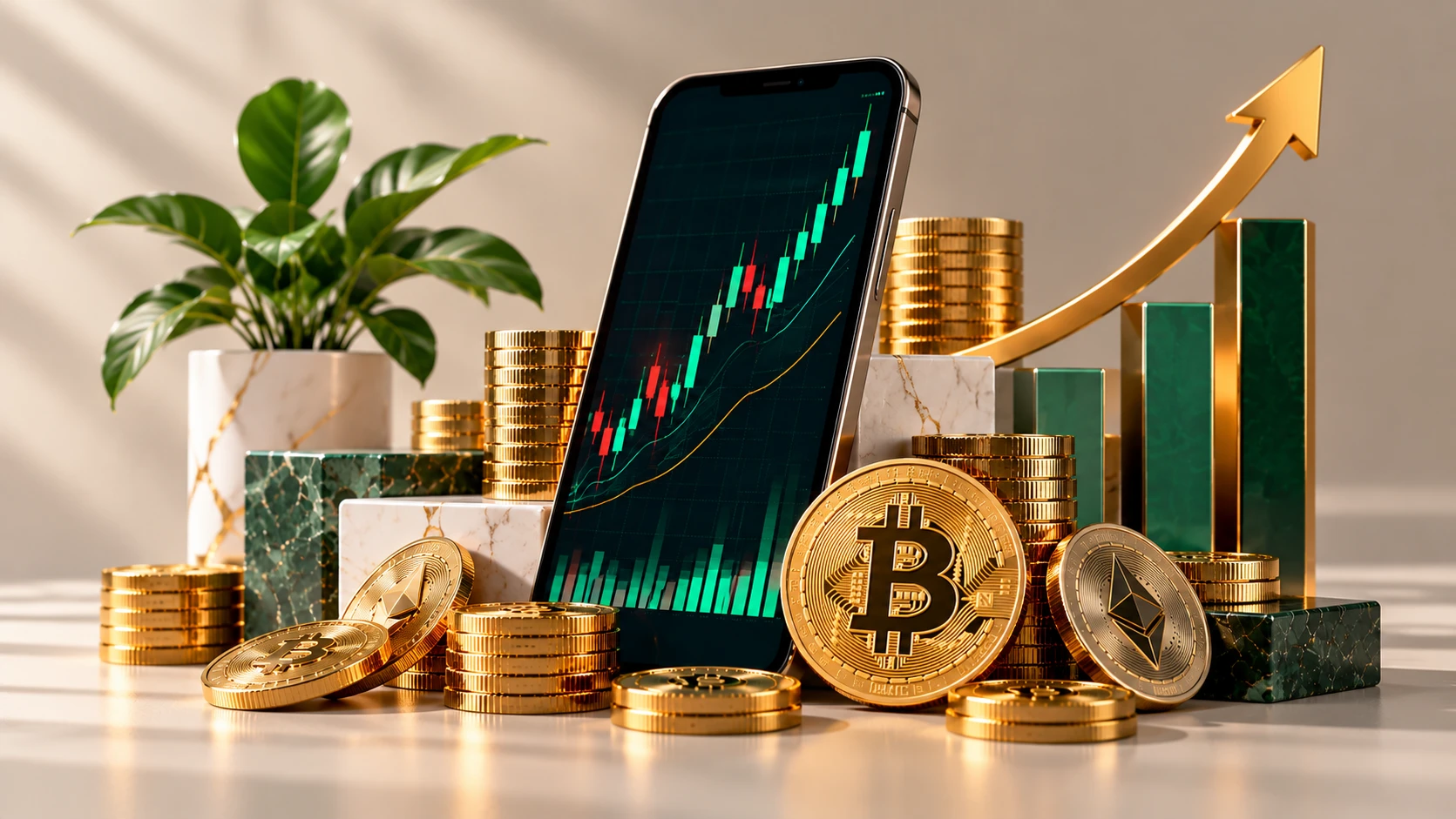 coins-and-phone-on-table-with-plant