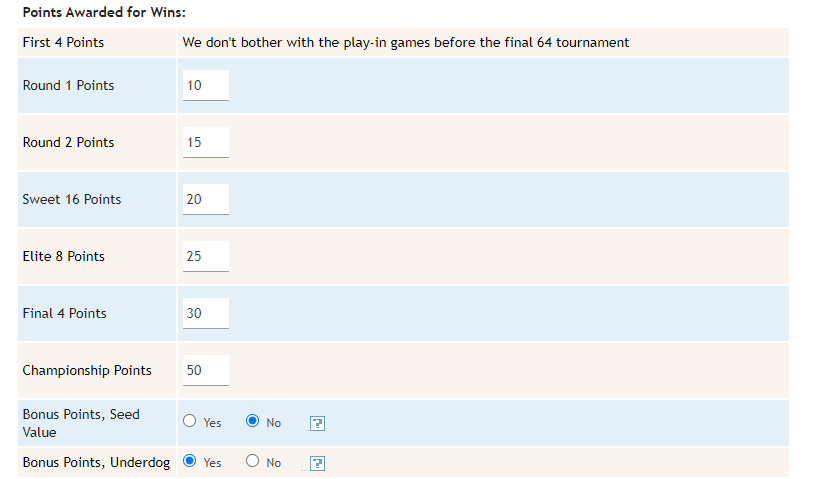 Tournament Bracket Manager Scoring Options