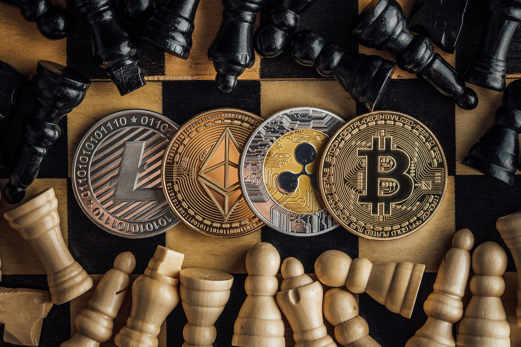 chess-board-with-chess-pieces-and-crypto-currency-on-the-board