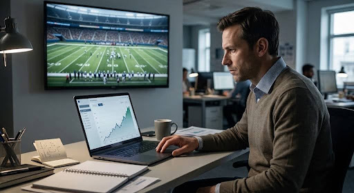 man-checking-stock-at-computer-with-game-on-tv