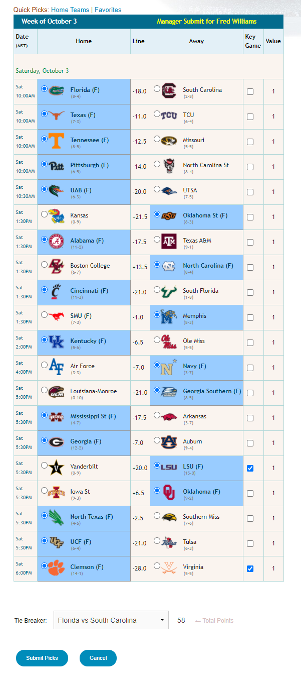 NCAA College Pick'em Pool College Fantasy Pick'em